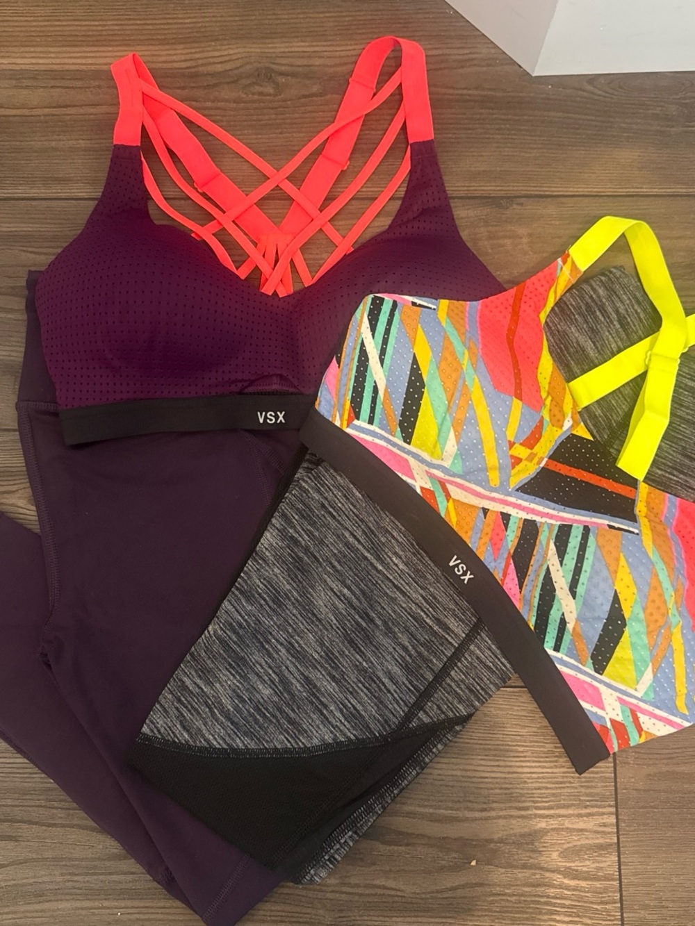 Victoria's Secret VSX Strappy Sports Bra Duo — Deep Purple & Neon Multicolor